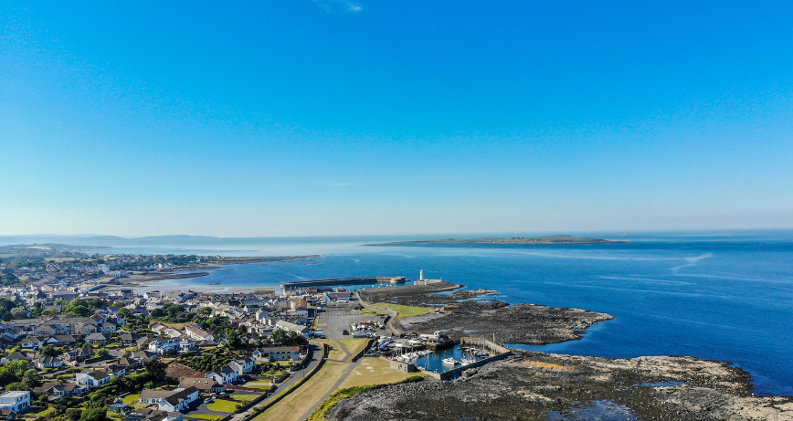 A birds eye view of Donaghadee taking in The Commons greenspace